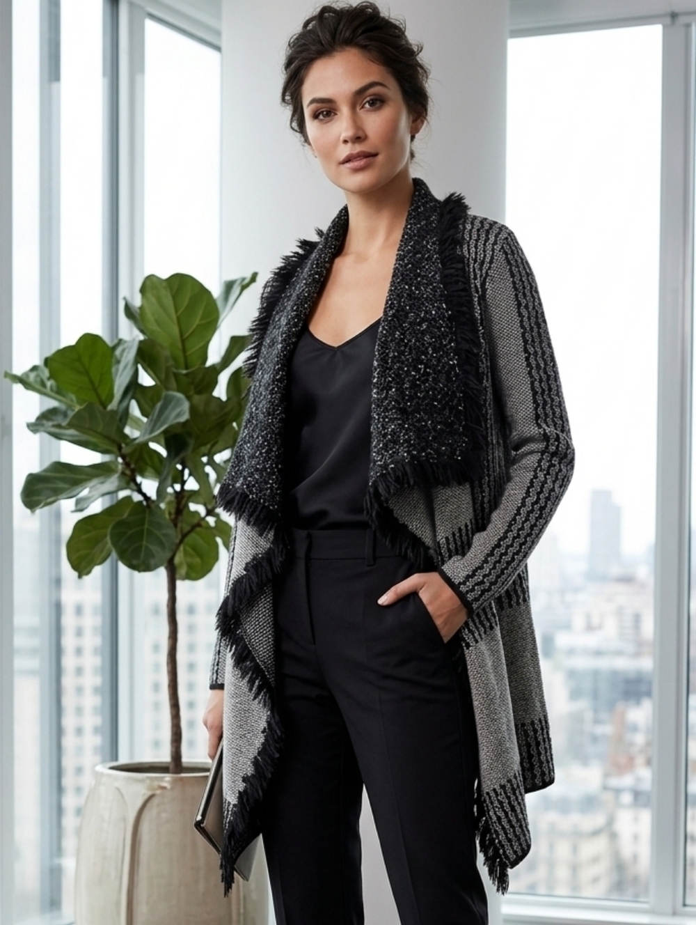 Chic Black and Gray Textured Cardigan